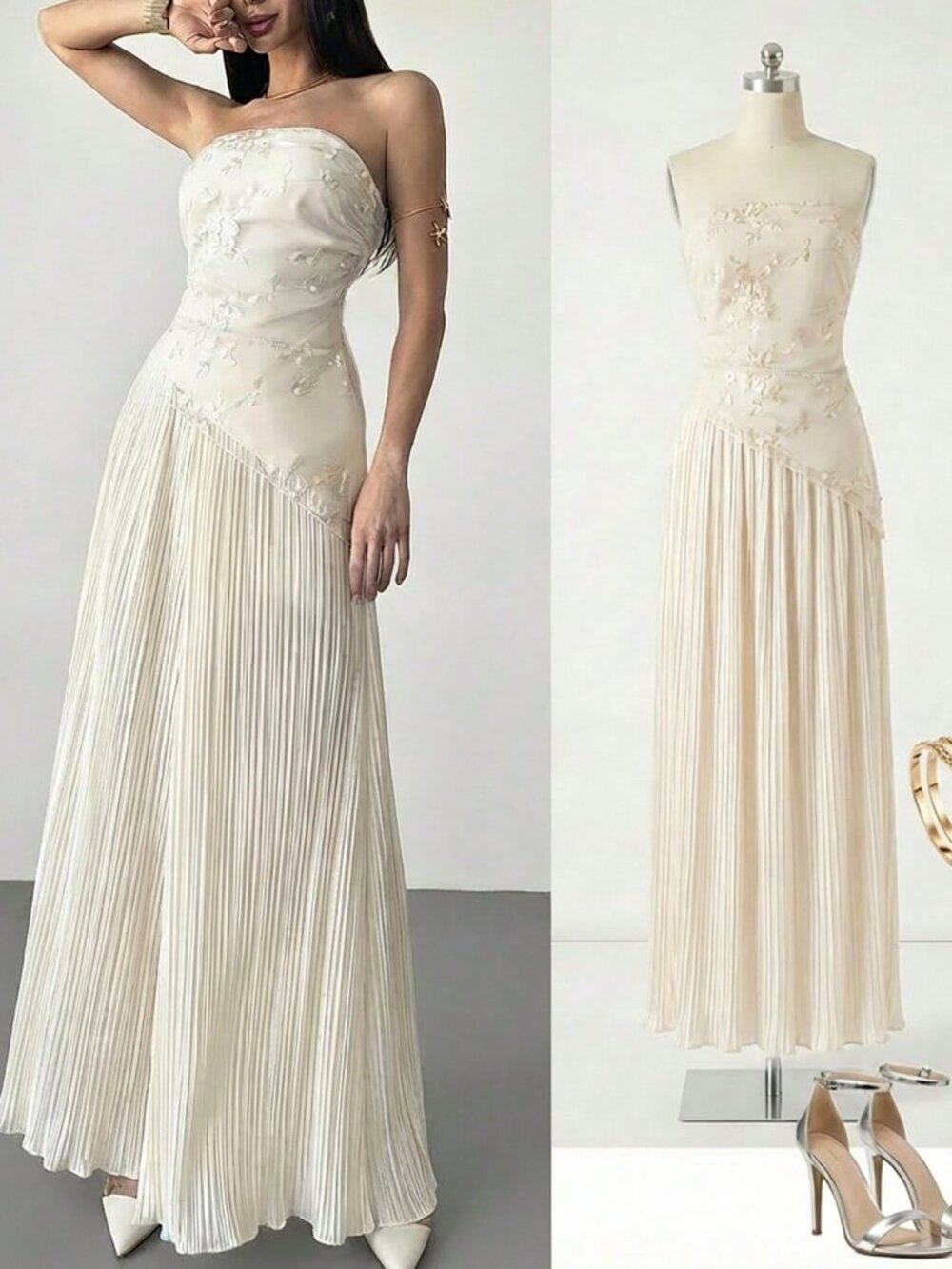 Apricot Elegant Women's Embroidered Fabric Asymmetric Pleated A-Line Dress - Picture 8 of 8